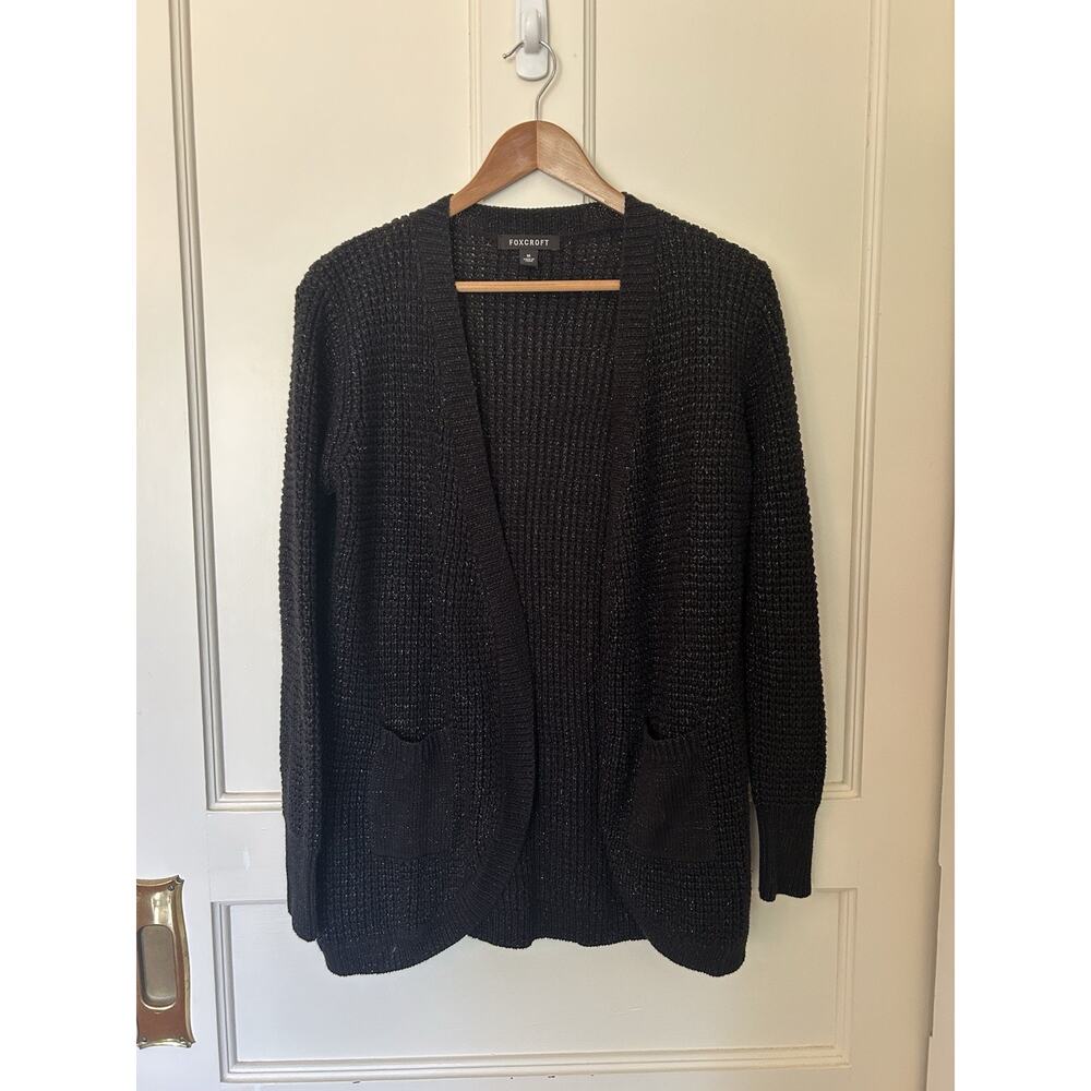 Foxcroft Chunky Knit Metallic Open Cardigan Womens Size Medium Black Comfort